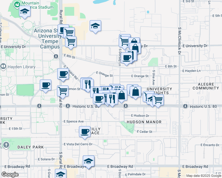 map of restaurants, bars, coffee shops, grocery stores, and more near 1224 East Lemon Street in Tempe