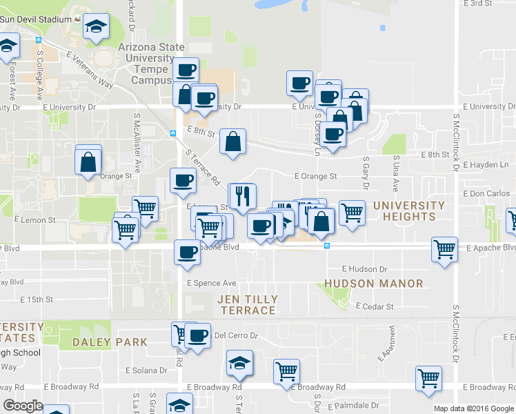 map of restaurants, bars, coffee shops, grocery stores, and more near 777 South College Avenue in Tempe