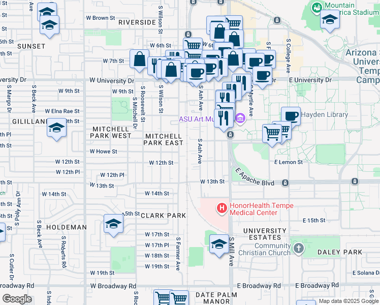 map of restaurants, bars, coffee shops, grocery stores, and more near 1109 South Farmer Avenue in Tempe