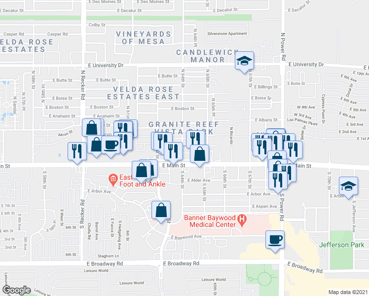 map of restaurants, bars, coffee shops, grocery stores, and more near 6401 East Avalon Street in Mesa