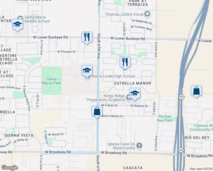 map of restaurants, bars, coffee shops, grocery stores, and more near 6629 West Superior Avenue in Phoenix