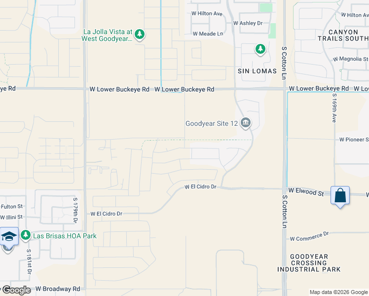 map of restaurants, bars, coffee shops, grocery stores, and more near 3599 South 175th Avenue in Goodyear