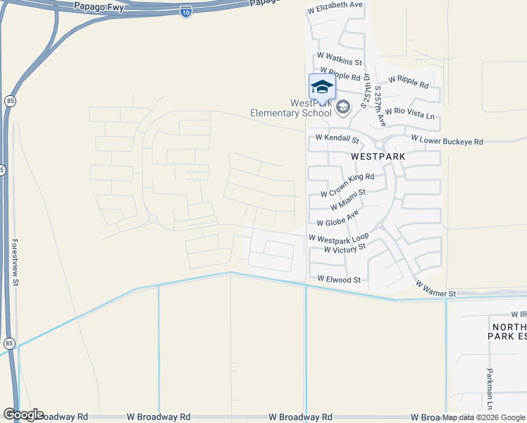 map of restaurants, bars, coffee shops, grocery stores, and more near 26013 West Miami Street in Buckeye