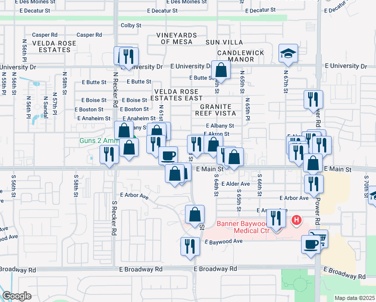 map of restaurants, bars, coffee shops, grocery stores, and more near 36 North 63rd Street in Mesa