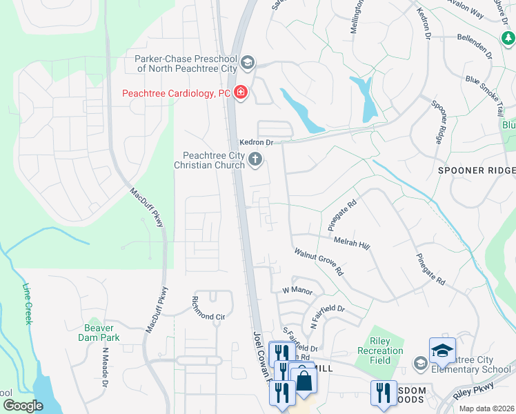 map of restaurants, bars, coffee shops, grocery stores, and more near 127 Denham Square in Peachtree City
