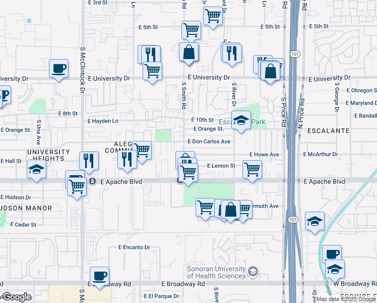 map of restaurants, bars, coffee shops, grocery stores, and more near 2004 East Howe Avenue in Tempe