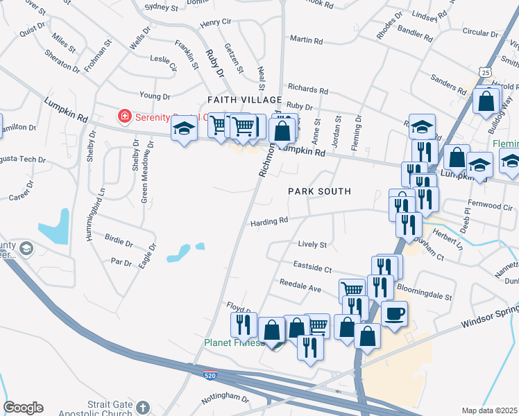 map of restaurants, bars, coffee shops, grocery stores, and more near 2950 Richmond Hill Road in Augusta