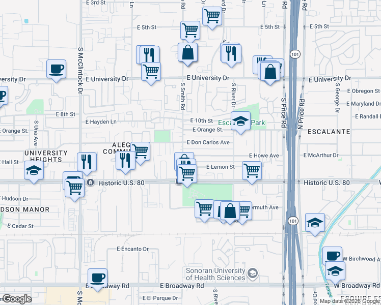 map of restaurants, bars, coffee shops, grocery stores, and more near 2004 East Howe Avenue in Tempe