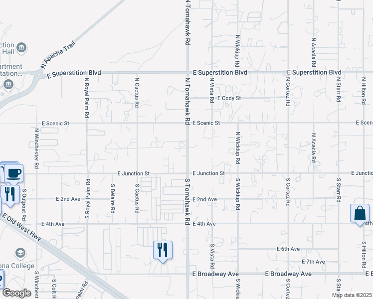 map of restaurants, bars, coffee shops, grocery stores, and more near 198 North Tomahawk Road in Apache Junction