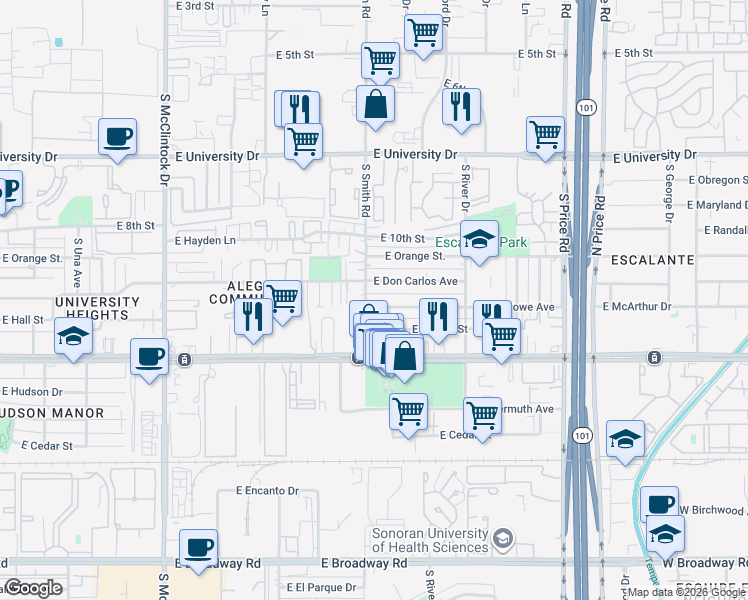 map of restaurants, bars, coffee shops, grocery stores, and more near 2004 East Howe Avenue in Tempe
