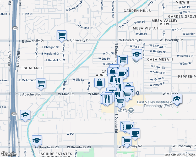 map of restaurants, bars, coffee shops, grocery stores, and more near 2125 West 1st Street in Mesa