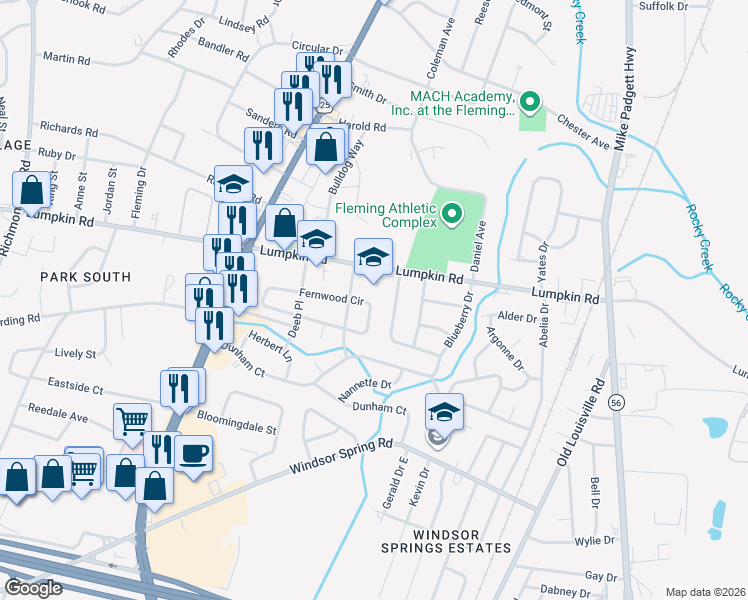 map of restaurants, bars, coffee shops, grocery stores, and more near 2007 Fernwood Circle in Augusta
