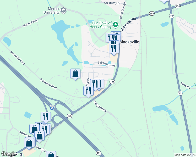 map of restaurants, bars, coffee shops, grocery stores, and more near 4040 Emmons Street in McDonough