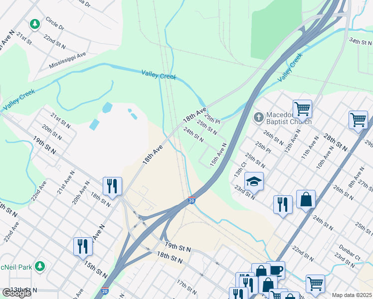 map of restaurants, bars, coffee shops, grocery stores, and more near 2300 17th Ave N in Bessemer