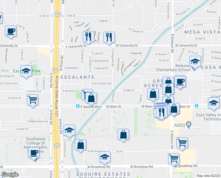 map of restaurants, bars, coffee shops, grocery stores, and more near 2540 East McArthur Drive in Tempe