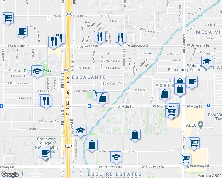 map of restaurants, bars, coffee shops, grocery stores, and more near 2506 East McArthur Drive in Tempe