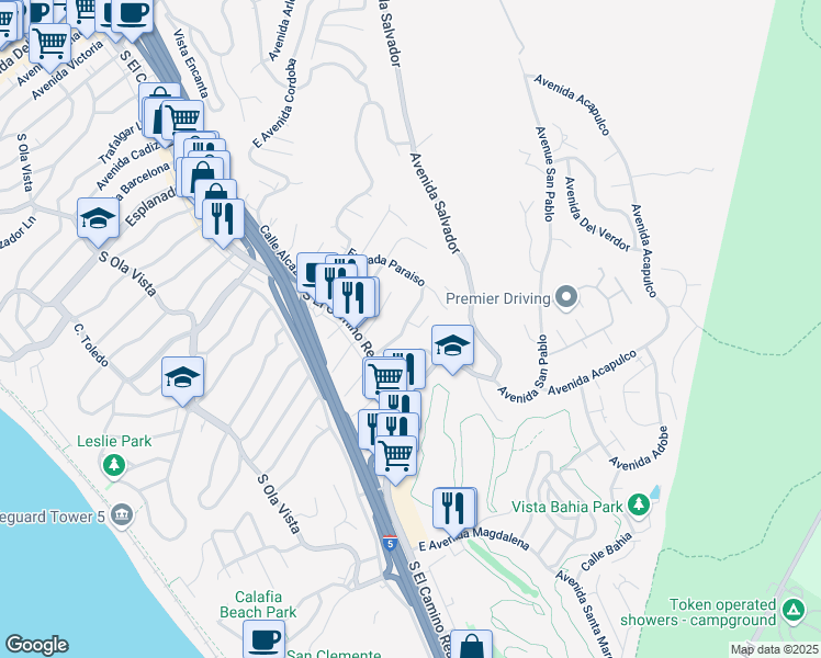 map of restaurants, bars, coffee shops, grocery stores, and more near 114 Avenida Trieste in San Clemente