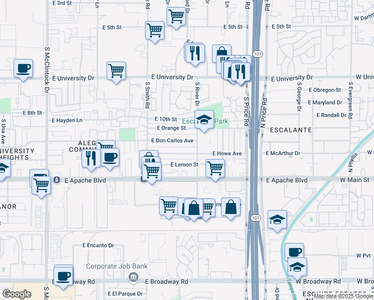 map of restaurants, bars, coffee shops, grocery stores, and more near 2076 East Howe Avenue in Tempe