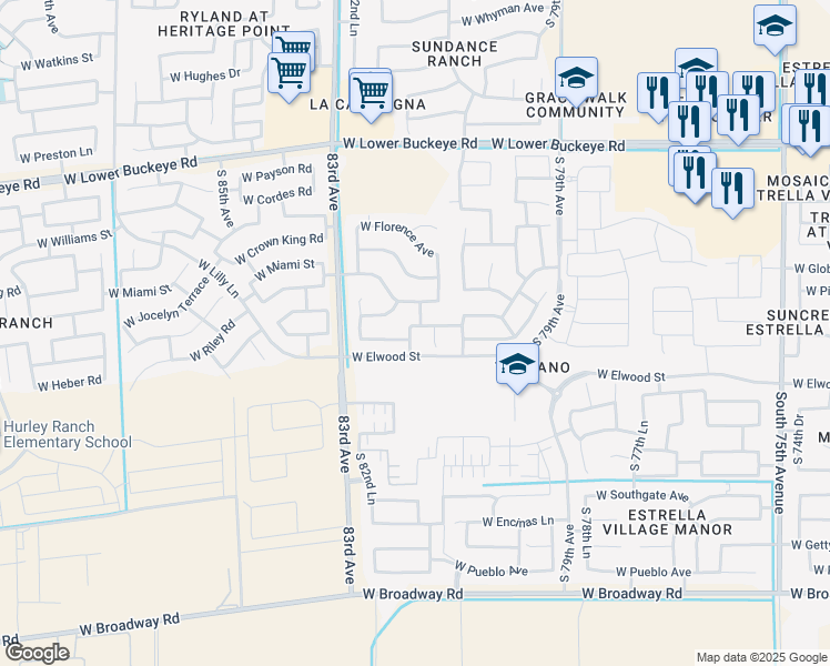 map of restaurants, bars, coffee shops, grocery stores, and more near 8150 West Forest Grove Avenue in Phoenix