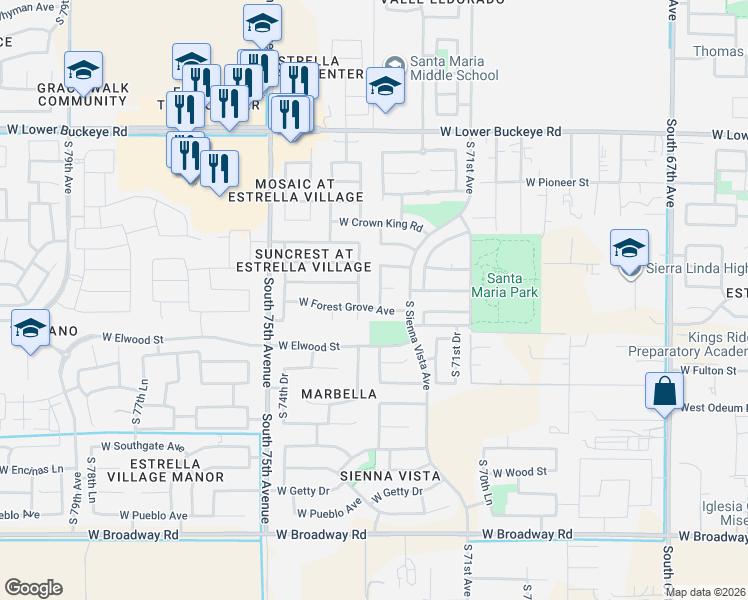 map of restaurants, bars, coffee shops, grocery stores, and more near 3430 South 72nd Lane in Phoenix