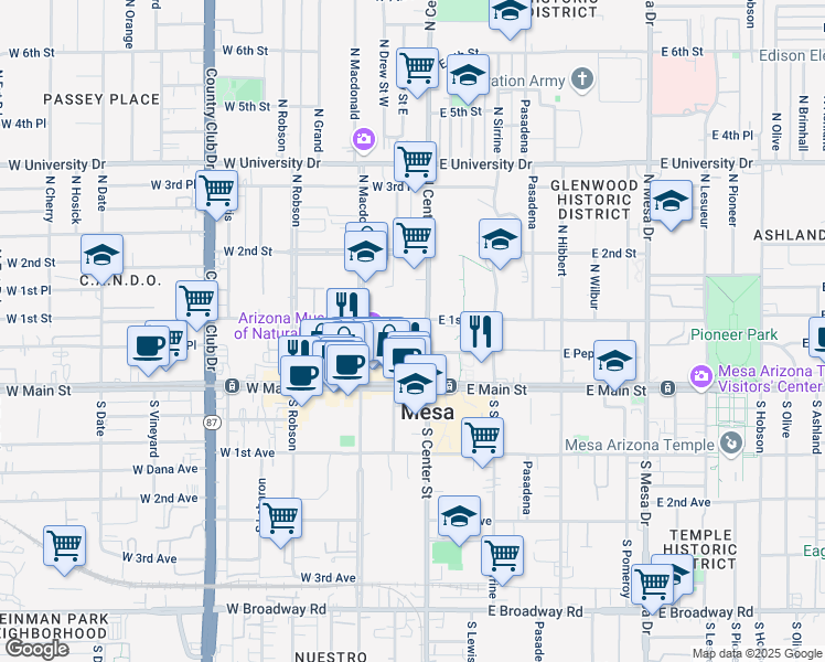 map of restaurants, bars, coffee shops, grocery stores, and more near 13 West 1st Street in Mesa