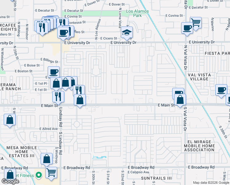map of restaurants, bars, coffee shops, grocery stores, and more near 3160 East Main Street in Mesa