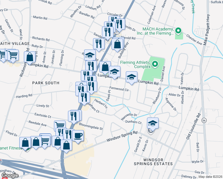 map of restaurants, bars, coffee shops, grocery stores, and more near 2912 Deeb Place in Augusta