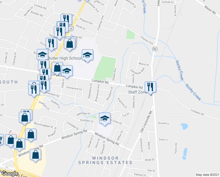 map of restaurants, bars, coffee shops, grocery stores, and more near 2504 Blueberry Drive in Augusta