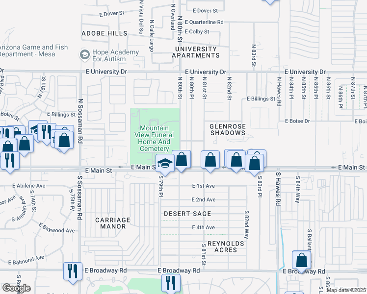 map of restaurants, bars, coffee shops, grocery stores, and more near 45 North 80th Street in Mesa