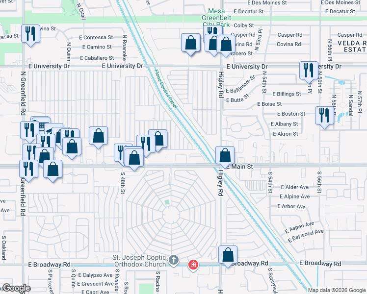 map of restaurants, bars, coffee shops, grocery stores, and more near Mobile Home Park in Mesa
