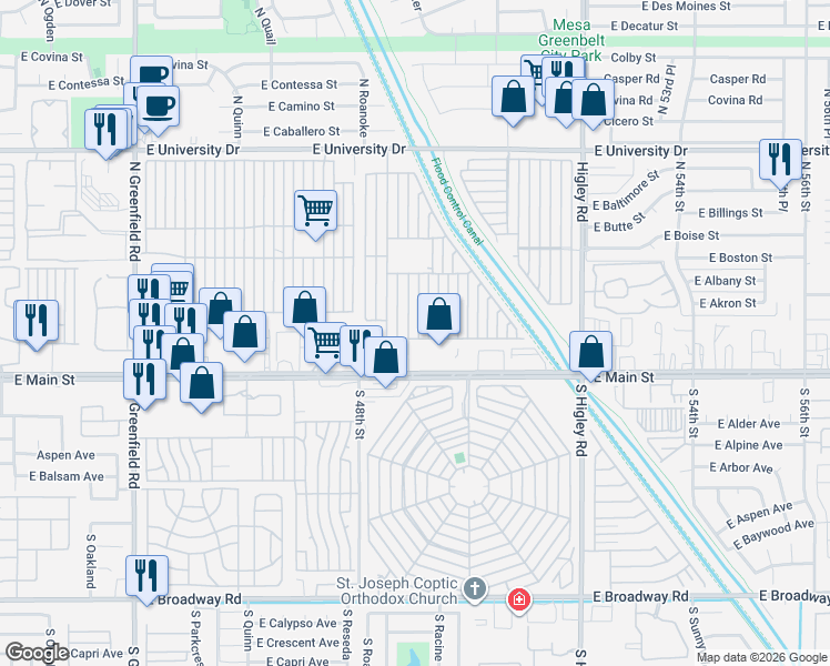 map of restaurants, bars, coffee shops, grocery stores, and more near Mobile Home Park in Mesa
