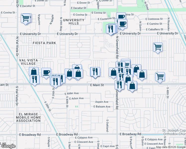 map of restaurants, bars, coffee shops, grocery stores, and more near 4150 East Main Street in Mesa