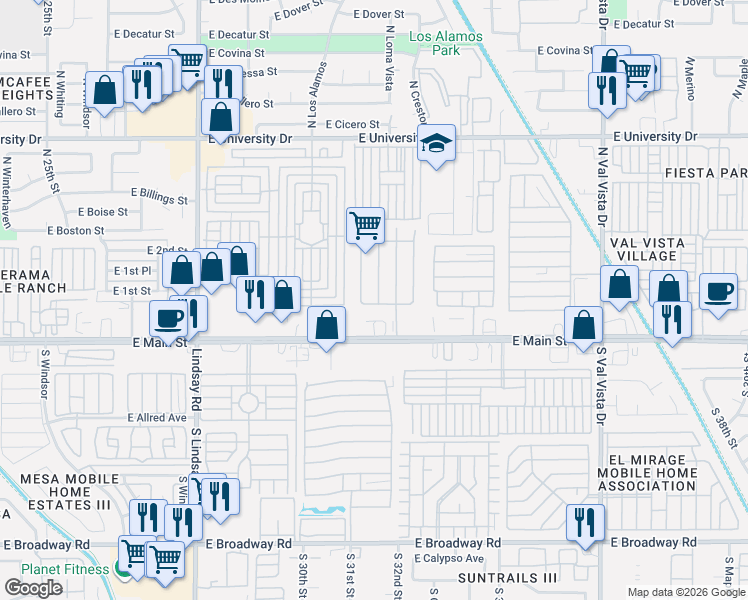 map of restaurants, bars, coffee shops, grocery stores, and more near 3160 East Main Street in Mesa