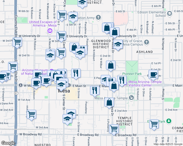 map of restaurants, bars, coffee shops, grocery stores, and more near 161 E 1st St in Mesa