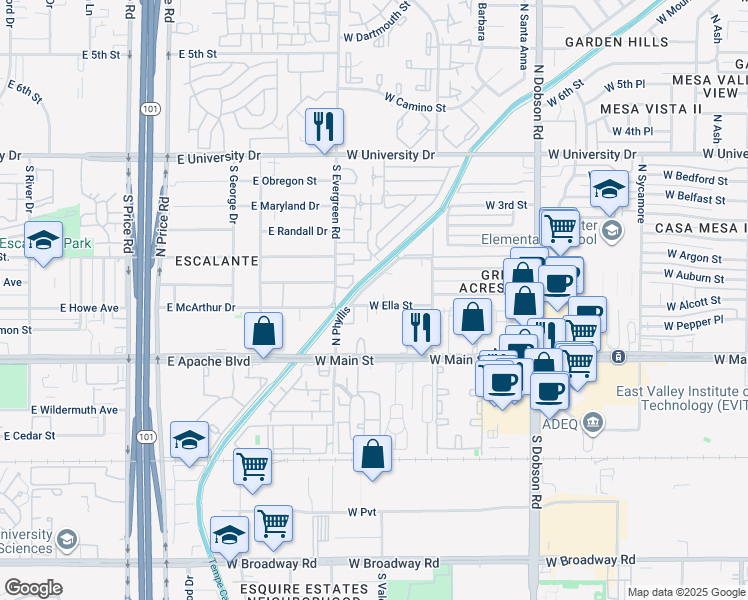 map of restaurants, bars, coffee shops, grocery stores, and more near 111 North Phyllis in Mesa