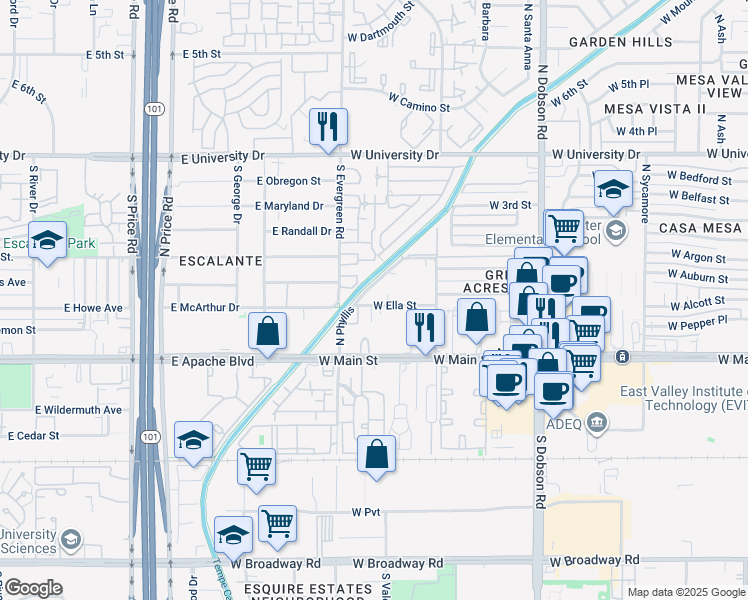 map of restaurants, bars, coffee shops, grocery stores, and more near 111 North Phyllis in Mesa