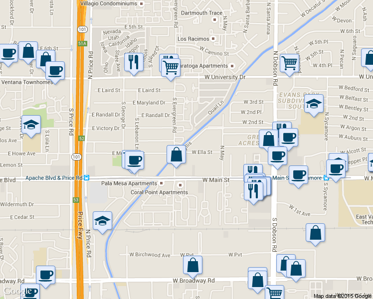 map of restaurants, bars, coffee shops, grocery stores, and more near 111 North Phyllis in Mesa