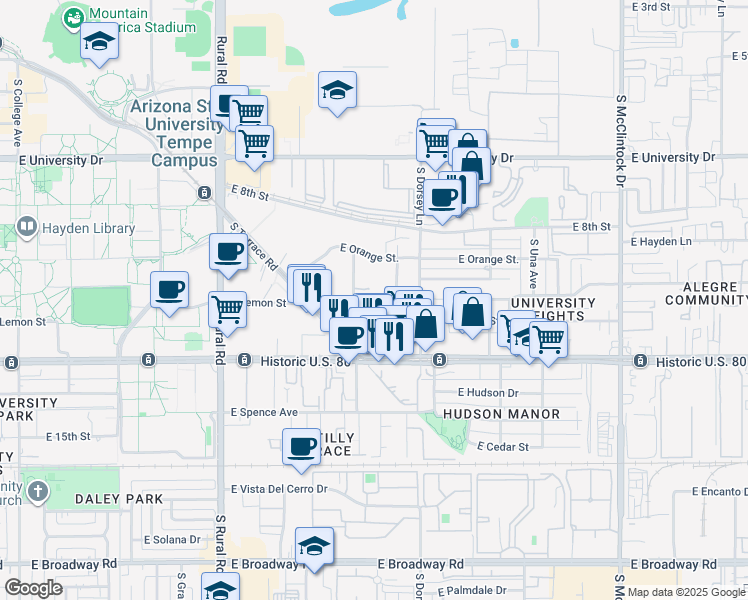 map of restaurants, bars, coffee shops, grocery stores, and more near 1224 East Lemon Street in Tempe