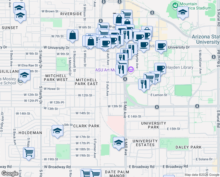 map of restaurants, bars, coffee shops, grocery stores, and more near 1109 South Ash Avenue in Tempe