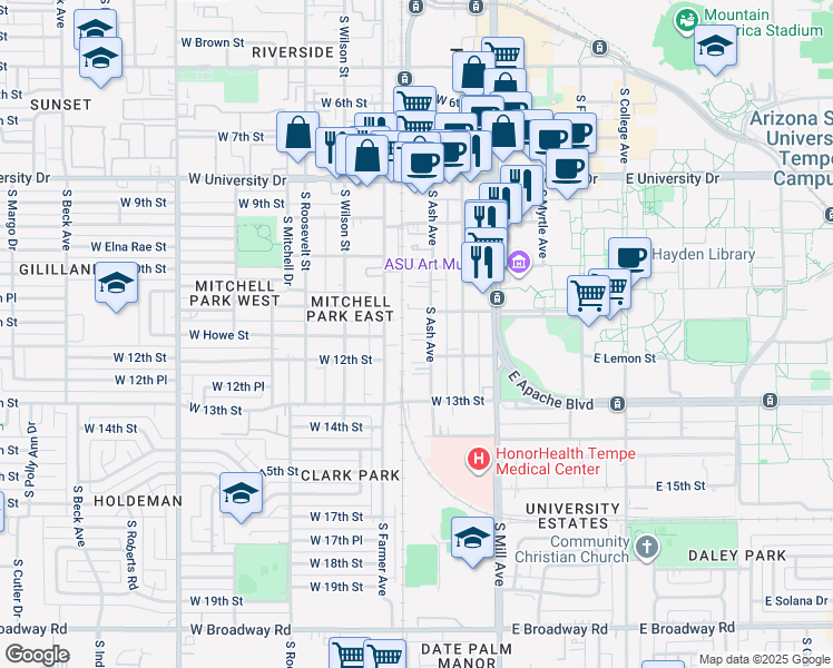 map of restaurants, bars, coffee shops, grocery stores, and more near 1109 South Farmer Avenue in Tempe