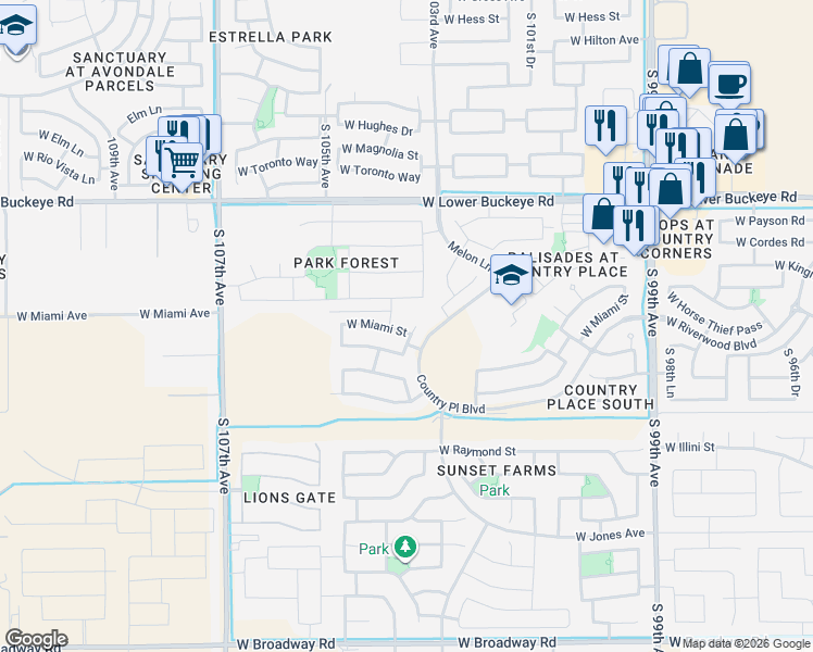 map of restaurants, bars, coffee shops, grocery stores, and more near 3209 South 104th Avenue in Tolleson