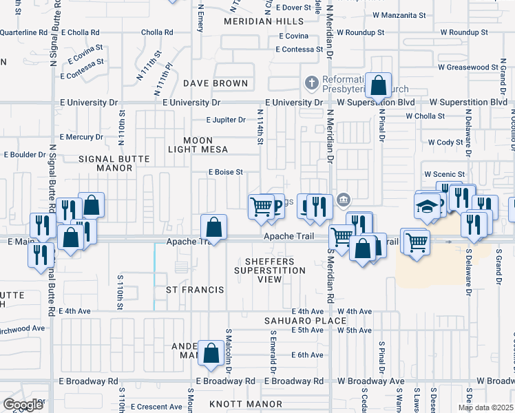 map of restaurants, bars, coffee shops, grocery stores, and more near 104 North 114th Street in Apache Junction