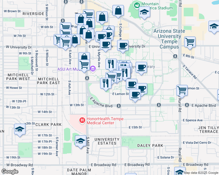 map of restaurants, bars, coffee shops, grocery stores, and more near 1151 South Forest Avenue in Tempe
