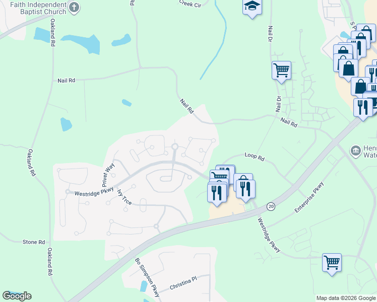 map of restaurants, bars, coffee shops, grocery stores, and more near 2180 Parador Bend in McDonough