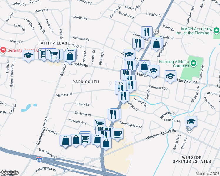 map of restaurants, bars, coffee shops, grocery stores, and more near 2121 Harding Road in Augusta