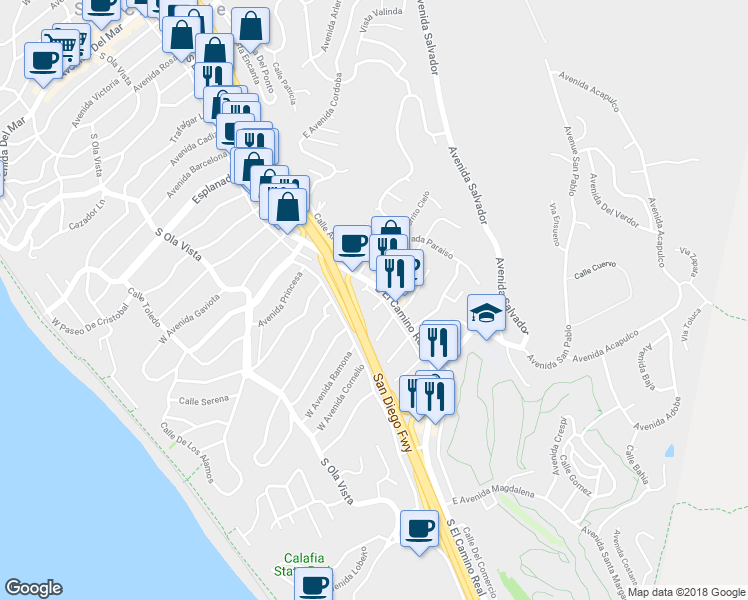 map of restaurants, bars, coffee shops, grocery stores, and more near 4 West Avenida Ramona in San Clemente