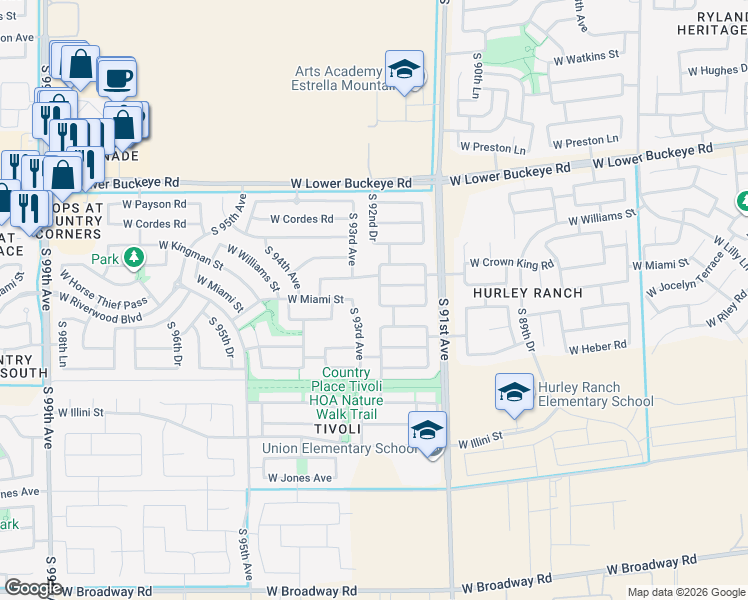 map of restaurants, bars, coffee shops, grocery stores, and more near 3220 South 92nd Drive in Tolleson