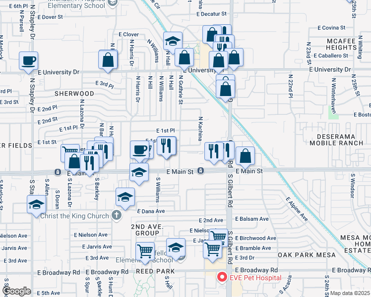 map of restaurants, bars, coffee shops, grocery stores, and more near 1817 East 1st Street in Mesa