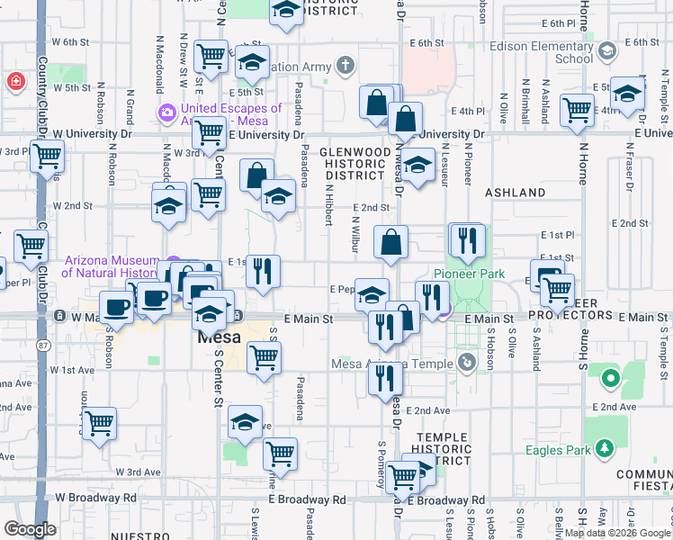 map of restaurants, bars, coffee shops, grocery stores, and more near 161 East 1st Street in Mesa