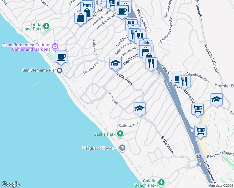 map of restaurants, bars, coffee shops, grocery stores, and more near 228 West Avenida Cordoba in San Clemente